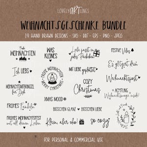 Könnte beinhalten: Ein digitales Kunstpaket mit 19 handgezeichneten Weihnachtsdesigns in den Formaten SVG, DXF, EPS, PNG und JPEG. Die Designs beinhalten festliche Phrasen wie "Frohe Weihnachten" und "Cozy Christmas" im handgeschriebenen Stil.