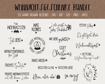 May include: A digital bundle of 19 hand-drawn Christmas designs, available in SVG, DXF, EPS, PNG, and JPEG formats. The designs feature festive phrases such as "Merry Christmas" and "Cozy Christmas" in a handwritten style, ideal for seasonal crafting projects.