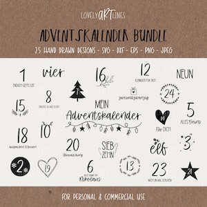 Advent Calendar SVG Bundle, Plotter Files Christmas for Cricut, X-mas Vector Icons, Numbers PNG Clipart, dxf, eps, Quotes, German Bundle
