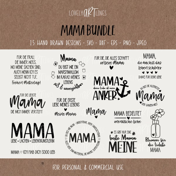Mama SVG Bundle, Plotterdatei Mutter für Cricut, Muttertag Vector Icons, Mom PNG Clipart, Laserdatei, eps, dxf, Sprüche, Deutsch