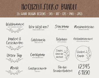 Wedding decoration SVG Bundle, Plotter Files wedding for Cricut, Decoration Vector Icons, Party PNG Clipart, dxf, eps, Quotes, German Bundle