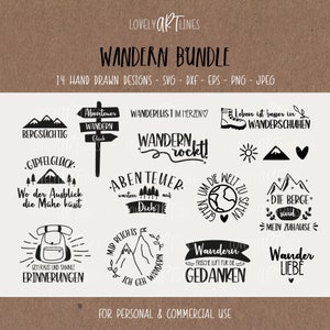 Hiking SVG Bundle, Plotter file Hiking for Cricut, Adventure Vacation Icons, Mountain PNG Clipart, dxf, eps, Laser Files, Quotes, German