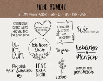 Op de afbeelding: Een set van 12 handgetekende ontwerpen voor persoonlijk en commercieel gebruik. De ontwerpen bevatten verschillende zinnen in het Duits, waaronder "Ich Liebe Dich" (Ik hou van je), "Du bist mein Zuhause" (Jij bent mijn thuis) en "Lieblingsmensch" (Lievelingsmens).
