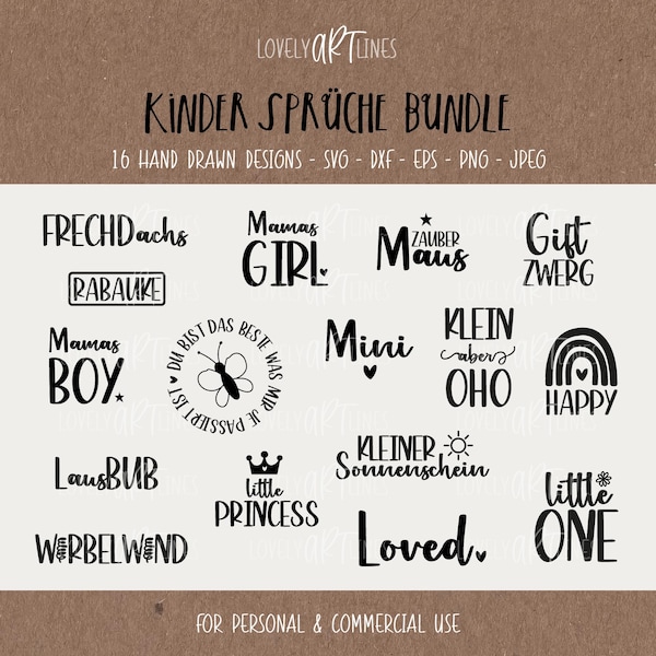 Kinder Sprüche SVG Bundle, Plotterdatei Kinder für Cricut, Kids Vector Icons, Schriftzüge PNG, dxf, eps, Laserdatei, Sprüche, Deutsch