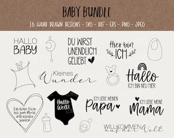 Baby SVG Bundle, Plotter Files Kids for Cricut, Newborn Vector Icons, Baby PNG Clipart, dxf, eps, Quotes, German Bundle