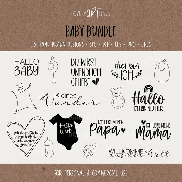 Baby SVG Bundle, Plotter Files Kids for Cricut, Newborn Vector Icons, Baby PNG Clipart, dxf, eps, Quotes, German Bundle