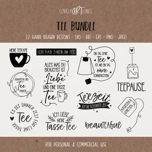 May include: A set of 12 black and white hand-drawn tea-themed illustrations. The illustrations include text in German, such as "Meine Teerapie" and "Teezeit ist die schönste Zeit".