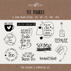 Tea SVG Bundle, Plotter Files Tea for Cricut, Tea Mug Quotes Vector Icons, Teabag PNG Clipart, dxf, eps, Quotes, German Bundle