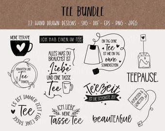 Puede incluir: Un conjunto de 12 ilustraciones de té dibujadas a mano en blanco y negro. Las ilustraciones incluyen texto en alemán, como "Meine Teerapie" y "Teezeit ist die schönste Zeit".