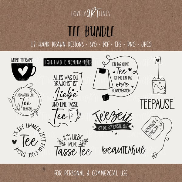 Tee SVG Bundle, Plotterdatei Tee für Cricut, Teetasse Vector Icons, Teebeutel PNG Clipart, dxf, eps, Sprüche, Deutsches Bundle