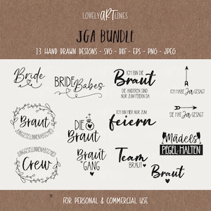 Può includere: Un set di 13 disegni a mano in bianco e nero per un addio al nubilato. I disegni includono frasi come "Bride", "Bride Babes", "Braut", "Die Braut", "Team Braut", "Crew", "Braut Gang", "Ich bin die Braut", "Ich habe Ja gesagt", "Sie hat Ja gesagt", "Feiern" e "Mädels Pegel Halten".