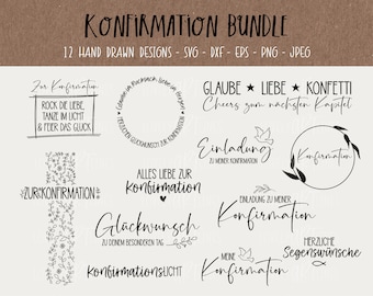 Könnte beinhalten: Ein Set mit 12 handgezeichneten Designs in Schwarzweiß für Konfirmationsfeiern. Die Designs beinhalten Sätze wie "Rock the Love, Dance in the Light & Celebrate the Joy", "Confirmation Light", "Invitation to My Confirmation", "All the Love for Confirmation", "Believe, Love, Confetti, Cheers to the Next Chapter", und "Hearty Congratulations".