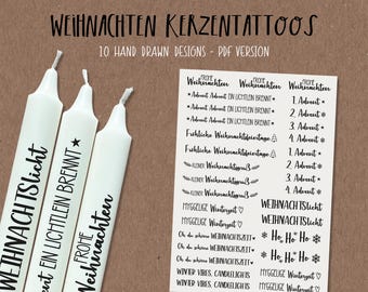 May include: A set of 10 printable Christmas candle tattoo designs. The designs feature various Christmas-themed phrases in black text on a white background, including "Weihnachten", "Advent", "Fröhliche Weihnachtsfeiertage", "Hyggelige Winterzeit", and "Winter Vibes, Candlelights".