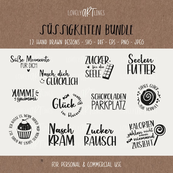 Süßigkeiten SVG Bundle, Plotterdatei Süßes für Cricut, Zucker Vector Icons, Naschen PNG Clipart, Laserdatei, eps, dxf, Sprüche, Deutsch