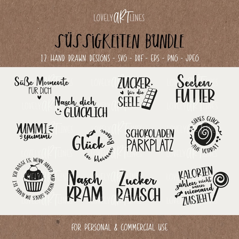 Puede incluir: Un conjunto de 12 dise&ntilde;os dibujados a mano en blanco y negro que presentan varios dulces y refranes. Los dise&ntilde;os incluyen "S&uuml;&szlig;e Momente f&uuml;r Dich", "Nasch dich gl&uuml;cklich", "YUMMI yummi", "Gl&uuml;ck in kleinen", "Nasch Kram", "Zucker Rausch", "Zucker f&uuml;r die Seele", "Seelen Futter", "Schokoladen Parkplatz", "S&uuml;&szlig;es Gl&uuml;ck auf Vorrat", "Kalorien z&auml;hlen nicht wenn niemand zusieht".