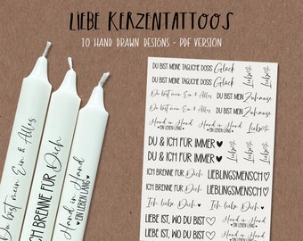 Love candle tattoos, PDF template candle stickers, sayings to print out, Water slide foil for stick candles, Design candles with motifs