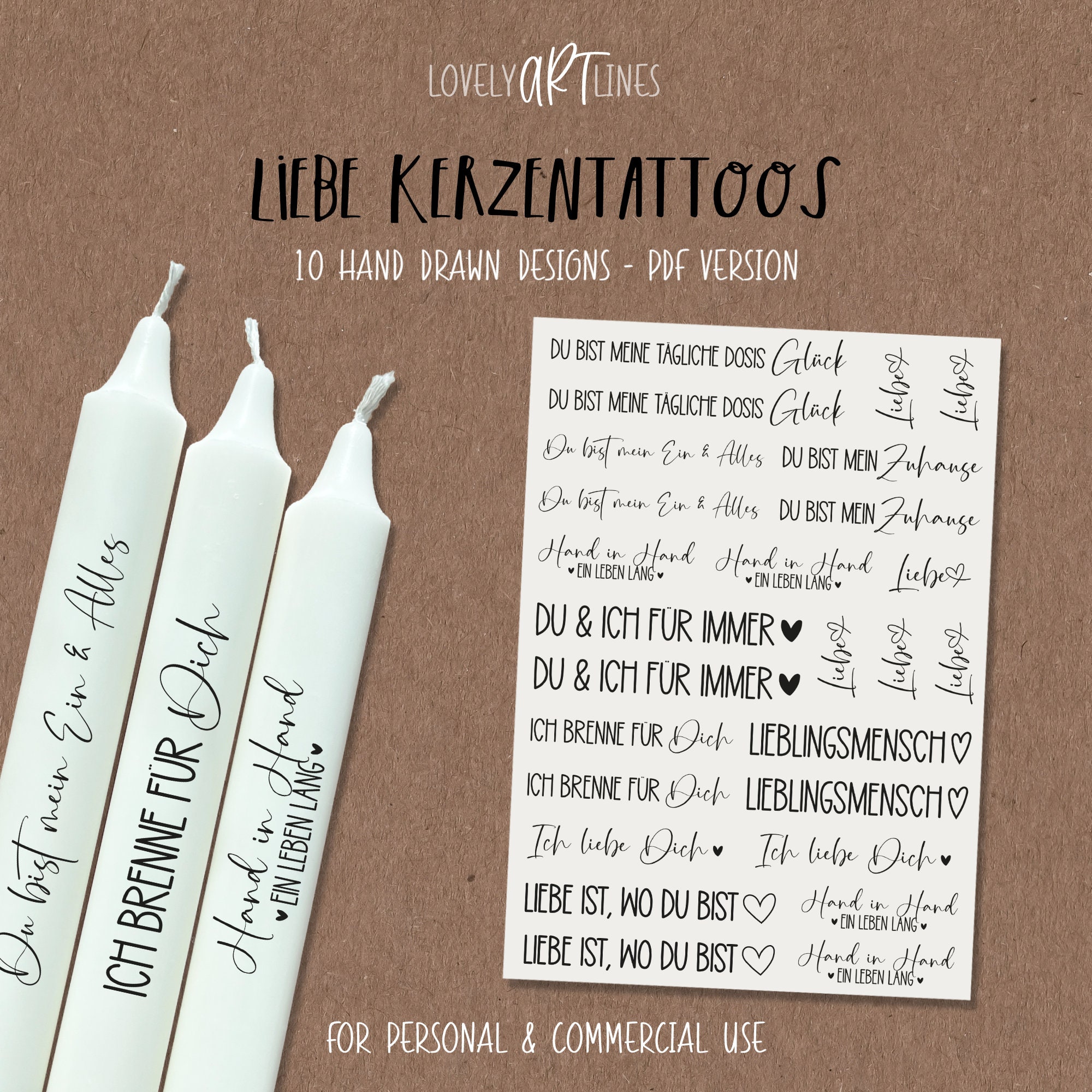 Liebe Kerzentattoos, PDF Vorlage Kerzensticker, Sprüche zum Ausdrucken, Wasserschiebefolie für Stabkerzen, Kerzen mit Motiven gestalten