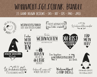 May include: A set of 15 black and white hand-drawn Christmas gift designs. The designs feature various Christmas-themed phrases and illustrations, including a gnome, a heart, a Christmas tree, and a gift box. The text includes phrases like "Weihnachtszauber", "Frohe Weihnachten", and "Du bist mein Weihnachtswunder".