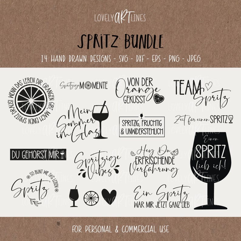 Puede incluir: Un conjunto de 14 dise&ntilde;os dibujados a mano en blanco y negro con la palabra "Spritz" y frases relacionadas. Los dise&ntilde;os incluyen una copa de vino, un coraz&oacute;n, una rodaja de naranja y el texto "Spritzig Momente", "Von der Orange Gek&uuml;sst", "Team Spritz", "Zeit f&uuml;r einen Spritz", "Hey Du Erfrischende Verf&uuml;hrung", "Ein Spritz war mir jetzt ganz lieb", "Spritzig Vibes", "Du geh&ouml;rst mir", "So bunt wie das Leben", "Mein Sommer im Glas", "Einen Spritz lieb ich!" y "Spritz draus! Wenn das Leben dir Orangen gibt, mach einen Spritz draus!"