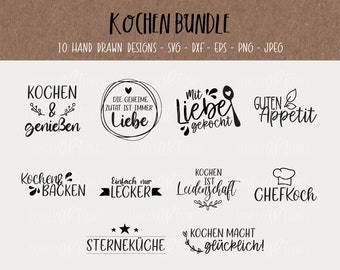 Cooking SVG Bundle, Plotter Files for Cricut, Kitchen Vector Icons, Baking PNG Clipart, dxf, eps, Quotes, German Bundle