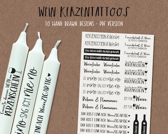 Wine candle tattoos, PDF template candle stickers, sayings to print, Water slide foil for stick candles, Design candles with motifs