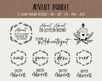 May include: A set of 12 hand-drawn Advent designs in black and white. The designs include wreaths, candles, and the words "Advent", "Adventszeit", "ein Lichtlein brennt", "erster", "zweiter", "dritter", "vierter", "eins", "zwei", "drei", and "vier".