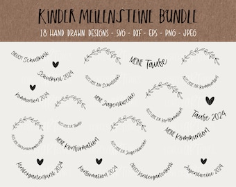 Könnte beinhalten: Ein Set mit 18 handgezeichneten Designs in Schwarzweiß für Meilensteine, darunter "Kindergarten 2024", "Schulkind 2024", "Meine Konfirmation", "Meine Kommunion" und "Meine Taufe".
