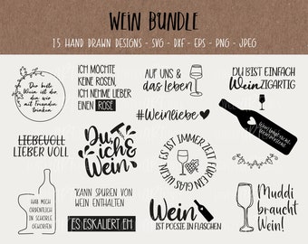 Wine SVG Bundle, Plotter Files Wine for Cricut, Wine Glass Vector Icons, Vino PNG Clipart, dxf, eps, Quotes, German Bundle