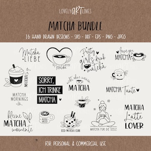 Könnte beinhalten: Eine Sammlung von 16 handgezeichneten Matcha-Designs in Schwarz und Weiß. Die Designs umfassen verschiedene Matcha-bezogene Phrasen und Illustrationen, wie "Matcha Liebe", "Pretty girls drink matcha" und "Matcha Latte Lover". Der Text "Matcha Bundle" steht oben.
