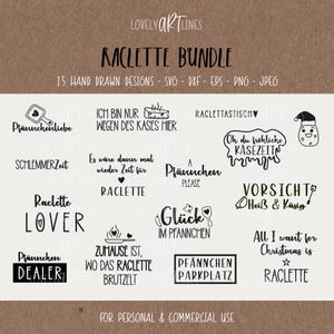 Raclette SVG Bundle, Plotterdatei Raclette Silvester, Weihnachten Vector Icons, Essen PNG Clipart, Laserdatei, eps, dxf, Sprüche, Deutsch