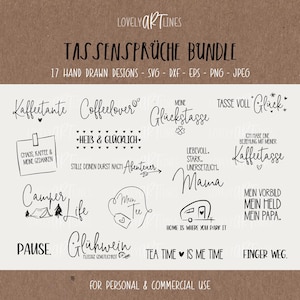 Puede incluir: Un paquete digital de 17 diseños dibujados a mano con frases como "Coffee Lover", "Mama" y "Home is Where You Park It". Los diseños están disponibles en formatos SVG, DXF, EPS, PNG y JPEG. El texto está en escritura negra.
