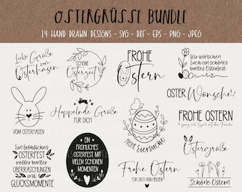 Easter greetings SVG Bundle, Plotter Files Easter for Cricut, Happy Easter Icons, Bunny PNG Clipart, dxf, eps, Quotes, German Bundle