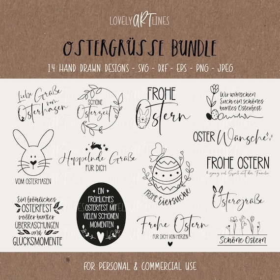 Ostergrüße SVG Bundle, Plotterdatei Ostern für Cricut, Frohe Ostern Vector Icons, Osterhase PNG Clipart, dxf, eps, Sprüche, Deutsches Bundle