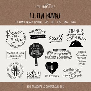 Food SVG Bundle, Plotter Files for Cricut, Cooking Vector Icons, Kitchen PNG Clipart, dxf, eps, Quotes, German Bundle