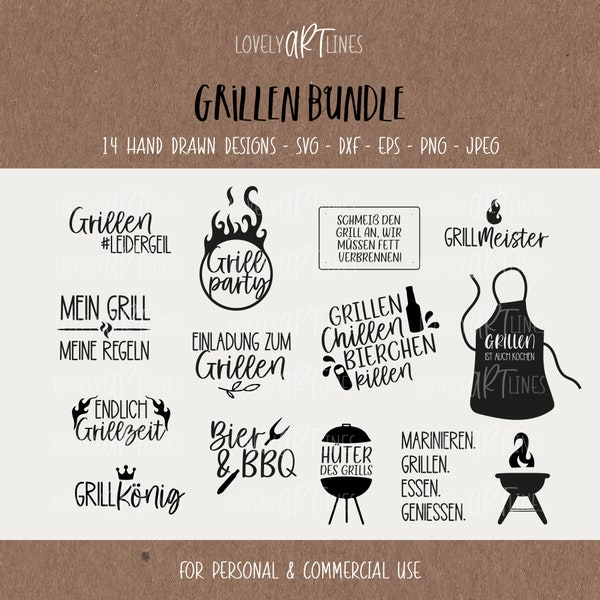 Barbecue SVG Bundle, Plotter Files BBQ Party for Cricut, bbq Vector Icons, Beer PNG Clipart, dxf, eps, Quotes, German Bundle