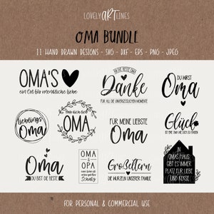 Könnte beinhalten: Ein digitales Download-Paket mit 11 handgezeichneten Designs in Schwarzweiß, die das Wort "Oma" in verschiedenen Stilen und Phrasen zeigen. Die Designs beinhalten "Oma's", "Lieblings Oma", "Hab dich lieb Oma", "An die beste Oma Danke", "Du wirst Oma", "Für meine liebste Oma", "Oma & Opa", "Großeltern" und "In Omas Haus gibt es immer Platz für Liebe und Kekse".