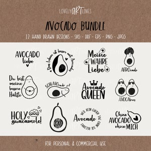 May include: A set of 12 black and white hand-drawn avocado illustrations with various sayings. The sayings include "Avocado Queen", "Avocado Liebe", "Holy Guacamole", "Afrocado", and more.