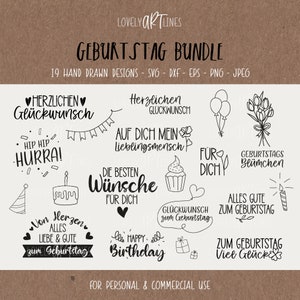 Birthday SVG Bundle, Plotter Files Birthday for Cricut, Gift Vector Icons, Happy Birthday PNG Clipart, dxf, eps, Quotes, German Bundle