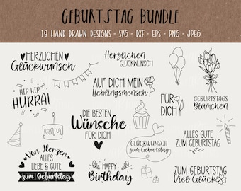 Birthday SVG Bundle, Plotter Files Birthday for Cricut, Gift Vector Icons, Happy Birthday PNG Clipart, dxf, eps, Quotes, German Bundle