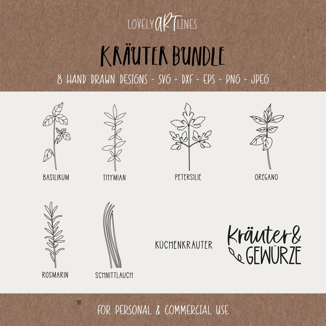 Kräuter SVG Bundle, Plotterdatei Gewürze für Cricut, Botanische Vector