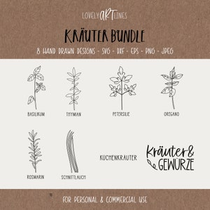 Herbs SVG Bundle, Plotter Files Spices for Cricut, Botanical Vector Icons, Herbs PNG Clipart, dxf, eps, Quotes, German Bundle