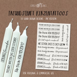 Vänskapsljustatueringar, PDF-mall för ljusklistermärken, utskrivbara talesätt, vattenrutschkana-dekaler för koniska ljus, designljus med motiv