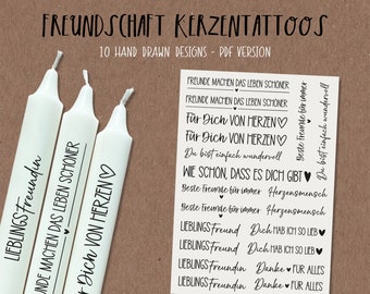 Friendship candle tattoos, PDF template candle stickers, sayings to print, Water slide foil for stick candles, Design candles with motifs