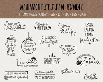 May include: A digital art bundle featuring 15 hand-drawn Christmas designs. The designs include festive phrases such as "Merry & Hungry", "Santa's Little Foodie", and "Christmas Dinner Bundle". The image also includes the text "For Personal & Commercial Use".