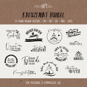Puede incluir: Un conjunto de 14 diseños de cruceros dibujados a mano en blanco y negro. Los diseños incluyen frases como "Sehnsucht aufs Schiff", "Ozean der Traume", "Kreuzfahrten", "Familien Kreuzfahrt", "Kreuzfahrt Freunde", "Kreuzfahrt Liebe", "Wellen Wind und weite Welt", "Mit jedem Hafen ein neues Abenteuer", "Cruise vibes", "Leben ist besser auf einer Kreuzfahrt", "Cruise Buddies", "Abenteurer Ahoi!"