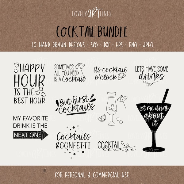 Cocktail SVG Bundle, Plotterdatei Longdrinks für Cricut, Getränke Vector Icons, Drinks PNG Clipart, dxf, eps, Sprüche, Englisches Bundle