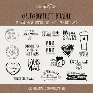 Può includere: Un pacchetto di 15 disegni Oktoberfest disegnati a mano in formati SVG, DXF, EPS, PNG e JPEG. I disegni includono boccali di birra, pretzel, cuori e frasi come "Oktoberfest Liebe" e "Wiesn Spatzl".