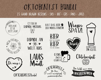 Oktoberfest SVG Bundle, Plotter Files Wiesn for Cricut, Dirndl Vector Icons, Beer Pretzel PNG Clipart, Laser Files, eps, dxf, Quotes, German
