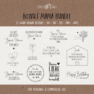 Könnte beinhalten: Ein digitales Kunstpaket mit dem Text "BONUS MAMA BUNDLE" und "12 HAND DRAWN DESIGNS". Das Bild zeigt verschiedene schwarz-weiße handgezeichnete Designs mit Sätzen wie "DU BIST DIE BESTE" und "Happy Birthday BONUS MAMA".