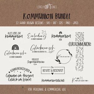 May include: A set of 12 hand-drawn designs for a Communion celebration. The designs feature a variety of themes, including a dove, a rainbow, flowers, and the words "Communion" and "Glückwünsche".